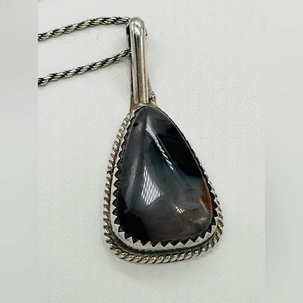 Ahasteen Sterling Silver Petrified Wood Pendant Necklace Rope Chain Navajo - Picture 2 of 6